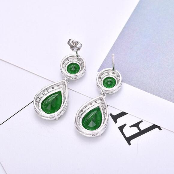 Women's Drop Dangle Emerald Simulated Silver Tone Earrings - Picture 5 of 10